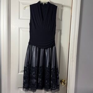 SLNY Navy Blue and Satin Embroidered Midi Dress